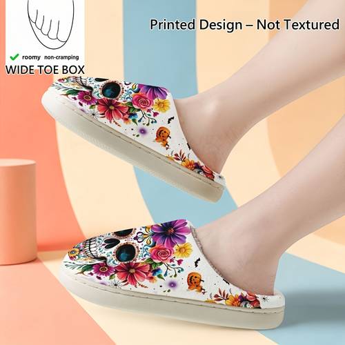 printed design not textured painted skull flower indoor slippers wide last shape trendy artistic unisex house slippers