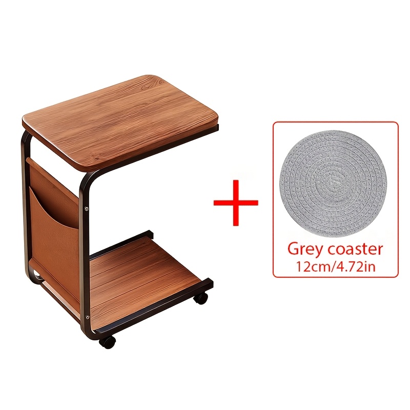 TEMU Modern Rolling Side Table With Storage Bag & Cup Coaster Suitable For Sofa, Bedside, Rv - Desk With Swivel Wheels, Nut- Tabletop, For Small