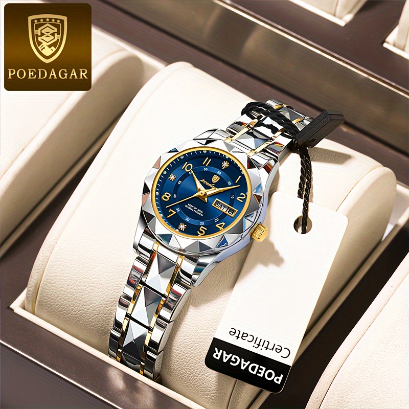 POEDAGAR レディース ビジネス レジャー クォーツ時計 防水 発光 ファッション 日付ダイヤル アナログ スチールバンド腕時計