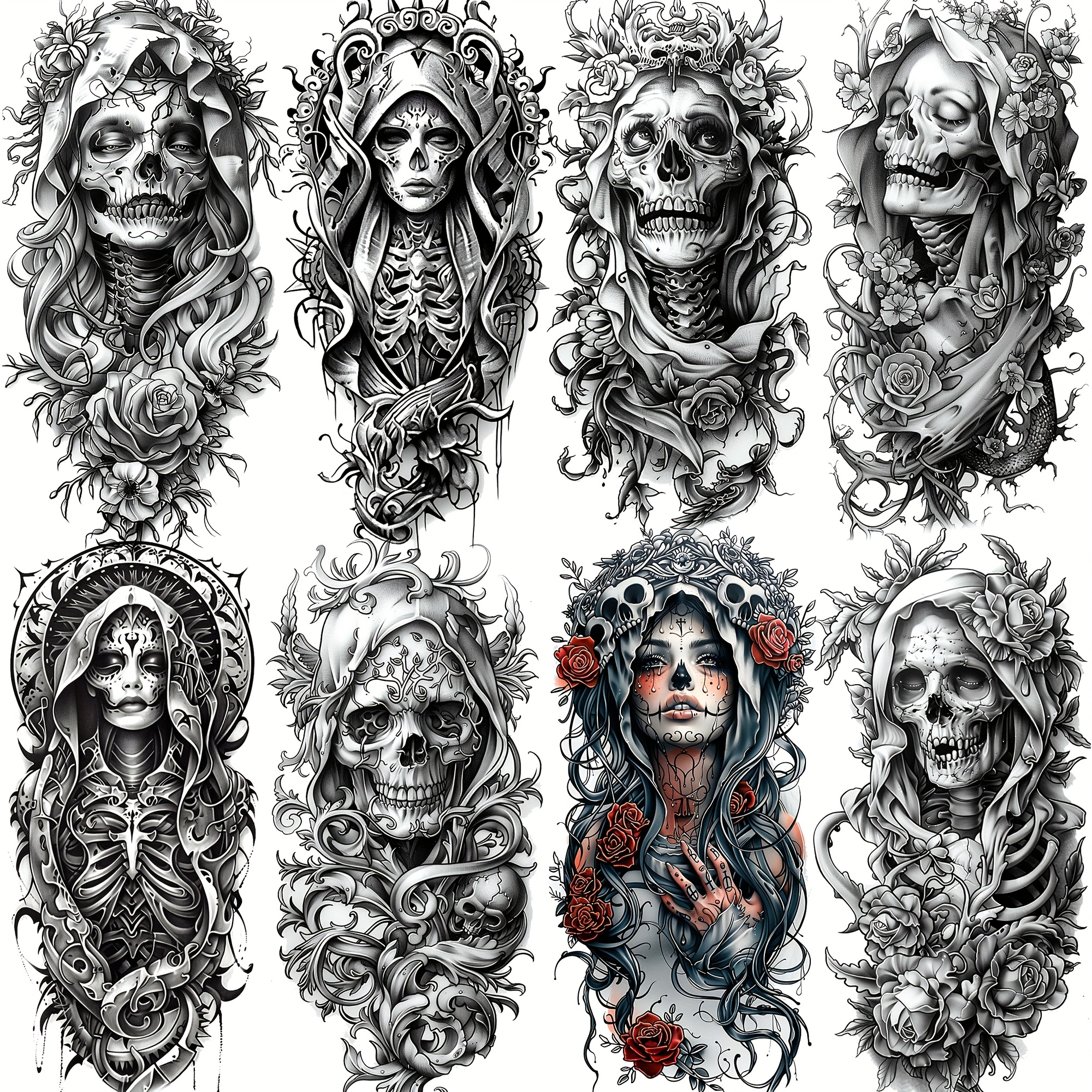 8 Sheets Realistic Skeleton Face Temporary Tattoos with Floral Vine & Rose Designs - Long-Lasting Waterproof Fake Tattoos for Halloween, Gothic Body Art - Full Arm & Leg Sleeve Decals for Men & Women Adults, Easy Apply Remove, Costume Accessories, Highquality Decal, Cosplay Enthusiasts