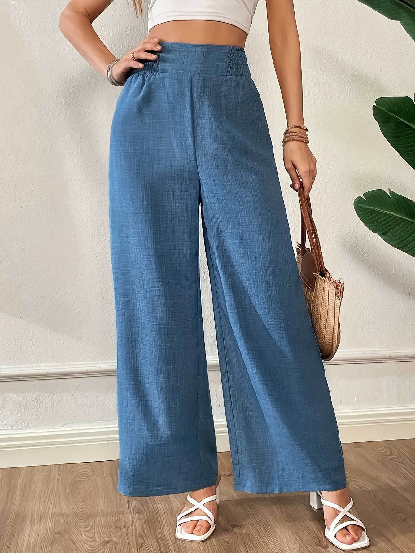pantalon large coupe   bleu - polyester, couleur  , ceinture plissée, idéal pour printemps été automne, mode adulte, tenue décontractée | texture Détails du produit 2