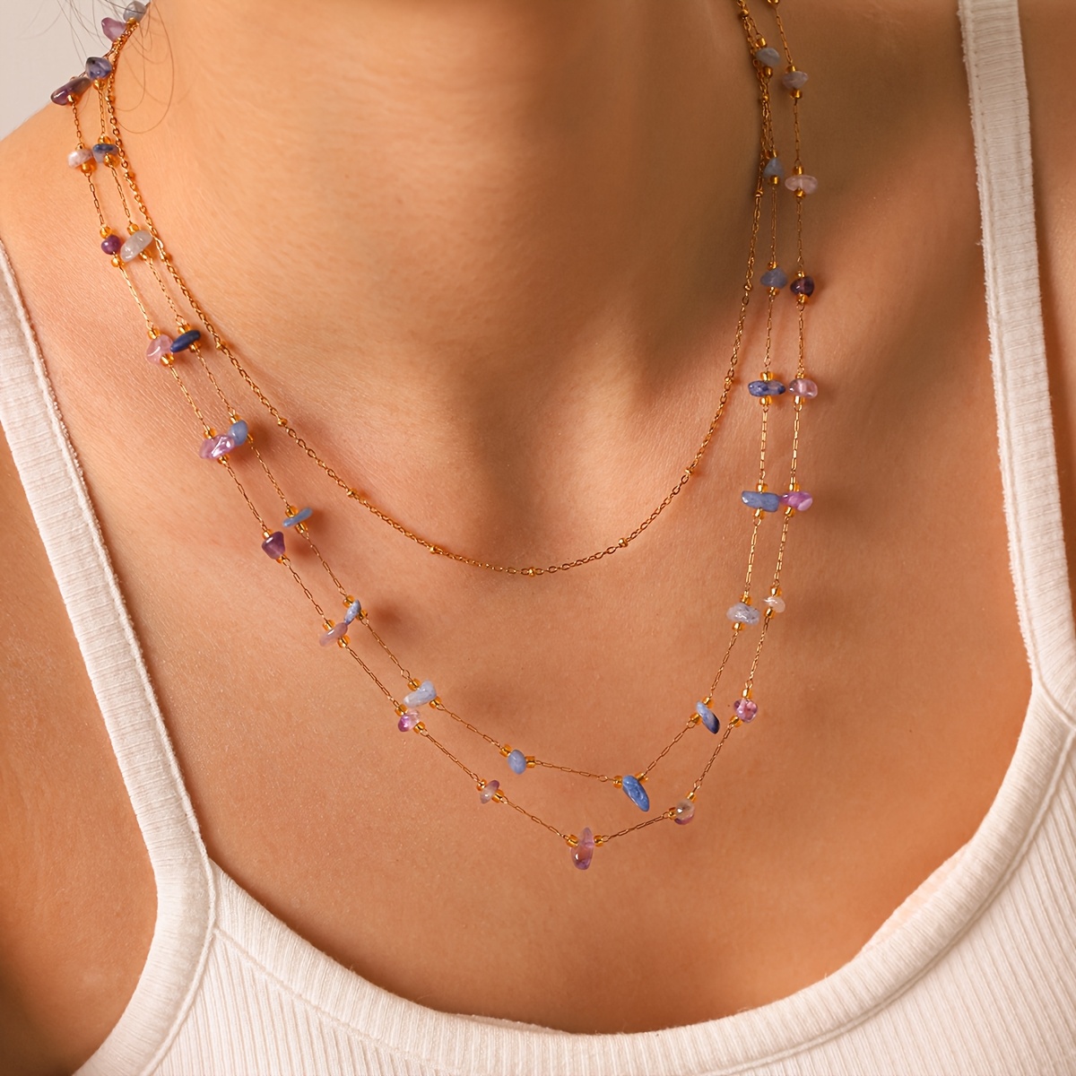2pc Adjustable Natural Stone Chip Layered Necklace Set for Women