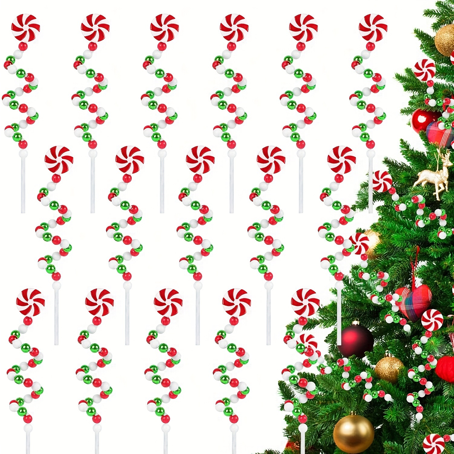 

10pcs Christmas Curly Picks: Candy Shaped Ornaments For Tree Toppers, Party Supplies, And Home Vase Decorations - High-quality Plastic Material, No Feathers