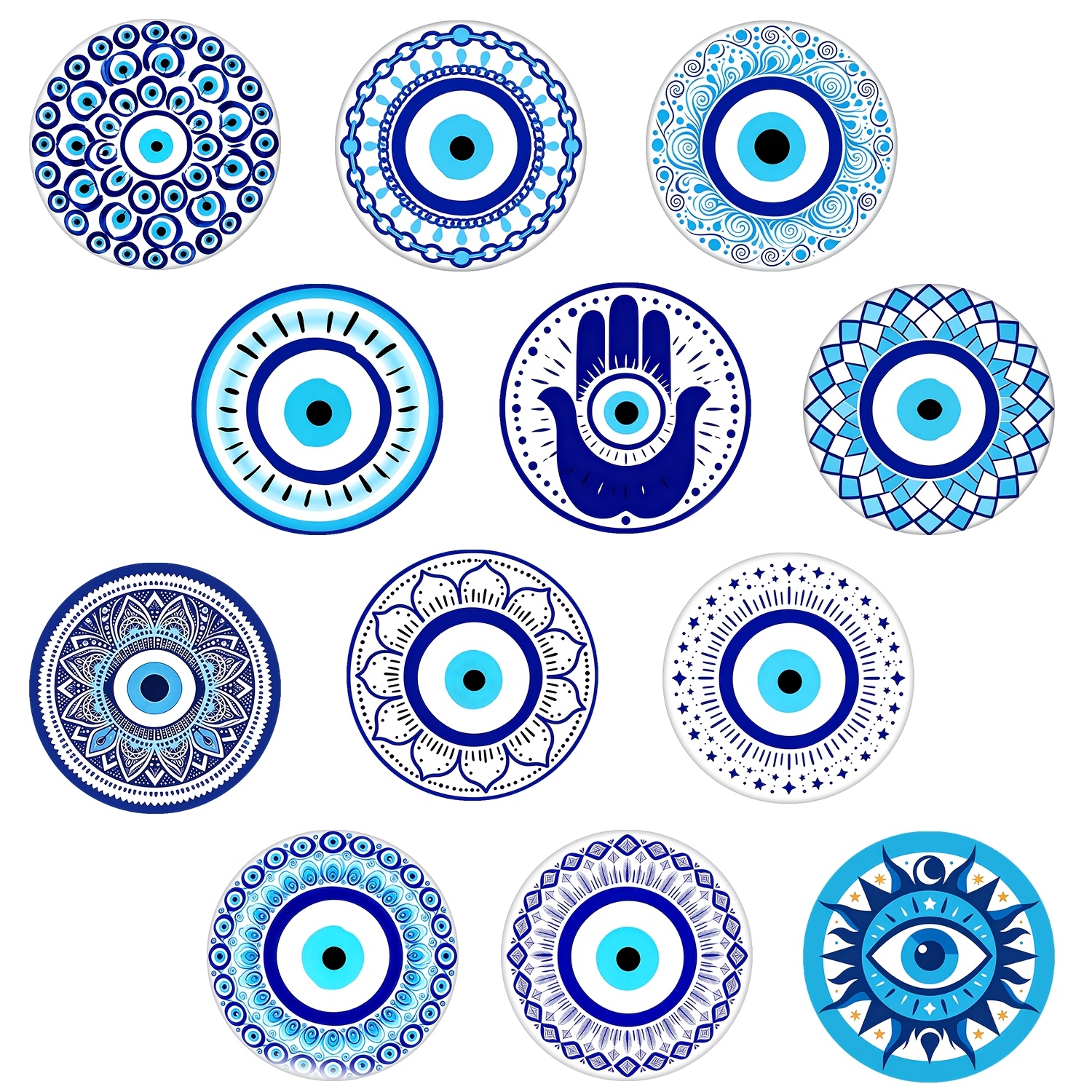 TEMU Autocollant magnétique souple pour réfrigérateur en verre surélevé, motif œil turc œil du mal avec motif bleu sur fond blanc, Main de Fatima 3D