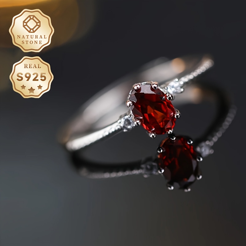 S925 Silver Garnet Open Ring, Adjustable Gift