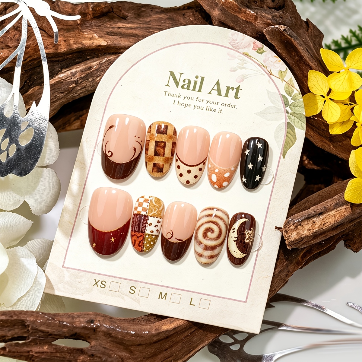 TEMU 30pcs Vintage Autumn Short Oval Nails, Reusable Full-cover Fake Nails, Hand-painted With Pie Swirl, Polka Dots, Stars, And Moon Patterns, ' Nail