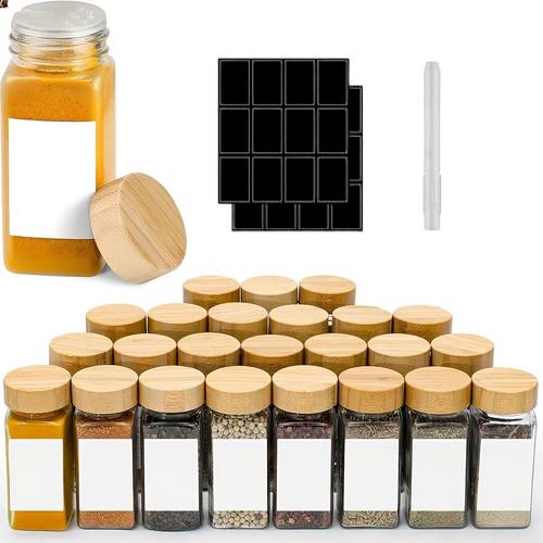 6/12/24 stuks vierkante plastic kruidenpotten met etiketten, 160ml afgesloten containers, inclusief etiketpapier en pen, keuken organisatie set, met plastic houtnerf deksel, kruidenlabels, roestbestendig, keukenbenodigdheden, handwas aanbevolen