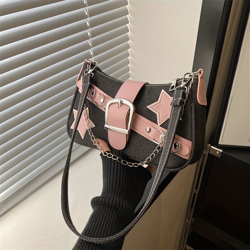 

Women's Fashion Mini Shoulder Bag With Star Pattern, Colorblock Y2k Style Underarm Bag With Buckle Decor