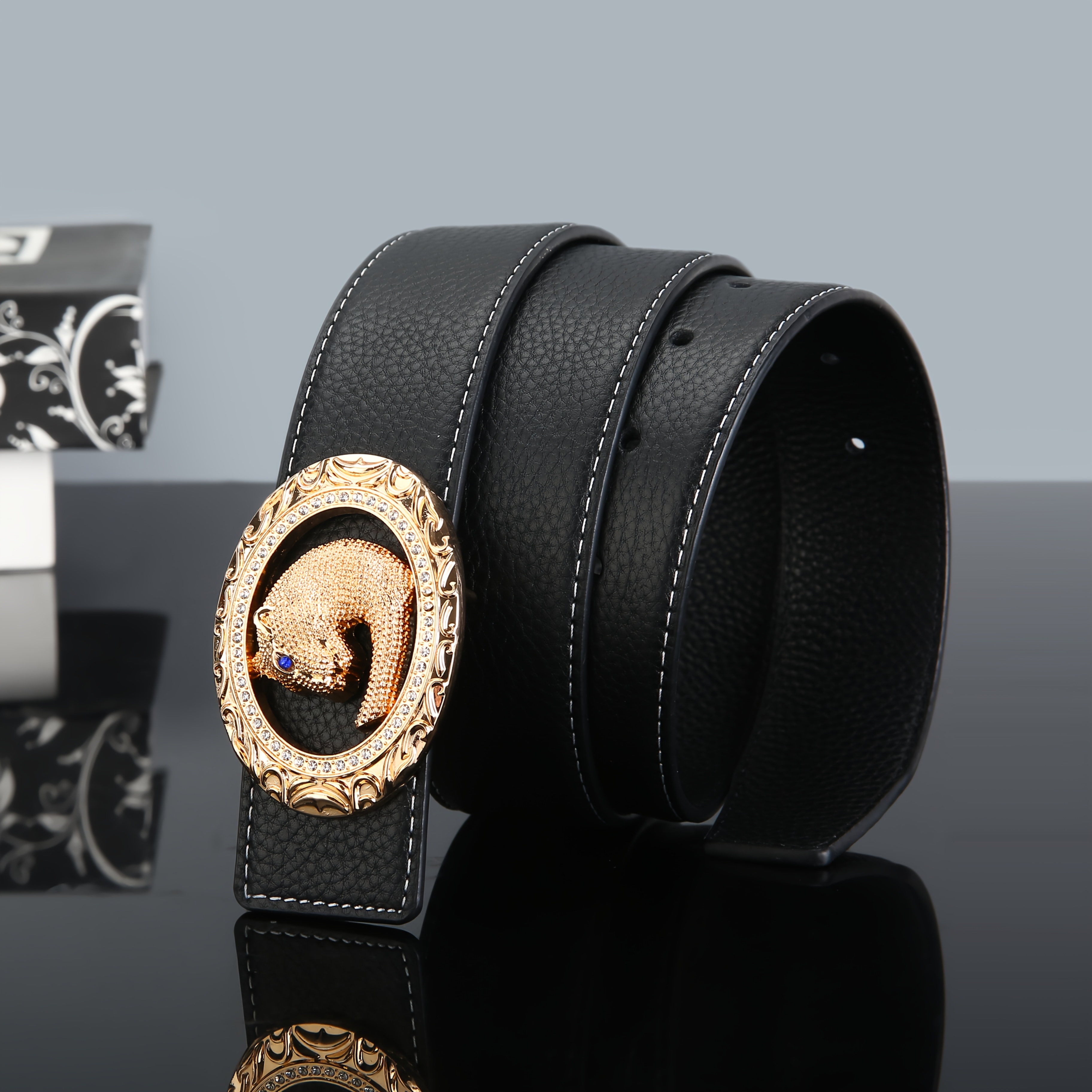 Double sided Top Layer Cowhide Belt With Diamond studded Leopard Head Buckle