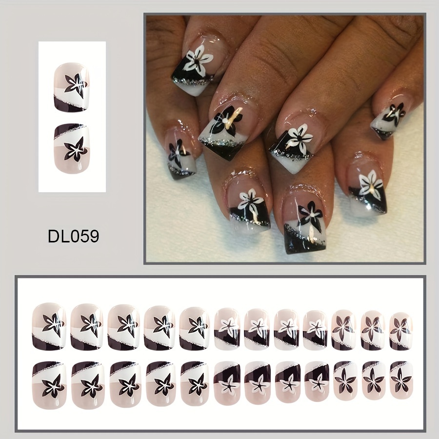 Image of 24pcs Short Square Press-on Nails - Black & White With Glossy Finish, Removable Fake Nails For , Easy Application Nail Art Stickers, Nails Accessories, Quick Manicure Solution
