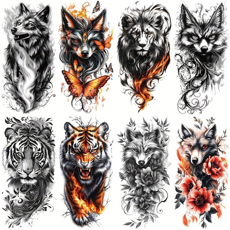Image of 8 Cool And Realistic Temporary Tattoos Of Tribal Wolves, , And Tigers For Men And Women, Suitable For And Full Body Art, Perfect For Festivals, Parties, Weddings, And Long-lasting Without Shine
