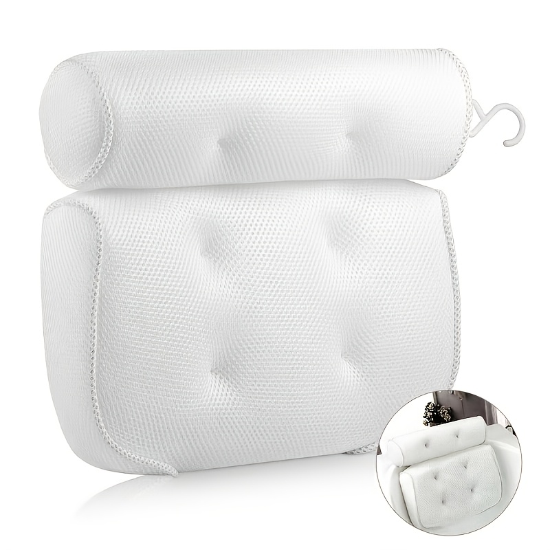 TEMU 4d Grid Bath Pillow, Providing Support For The Neck And Back, Bathroom Accessory Set, Bathtub Mat With 6 Suction Cups And Hooks, Quick-drying