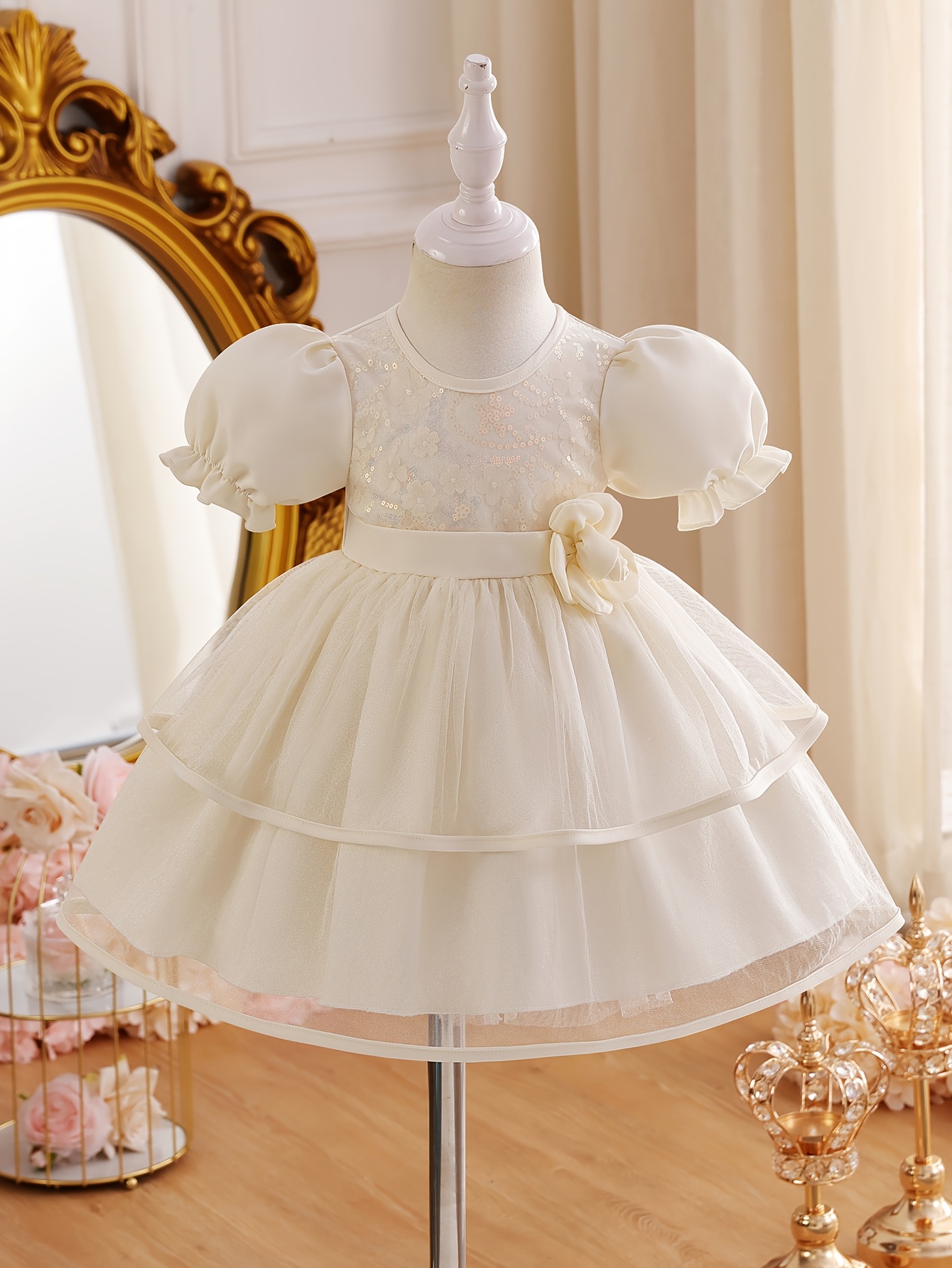 white birthday dress for baby Off-White Plain Organza Flower Theme Birthday Frock