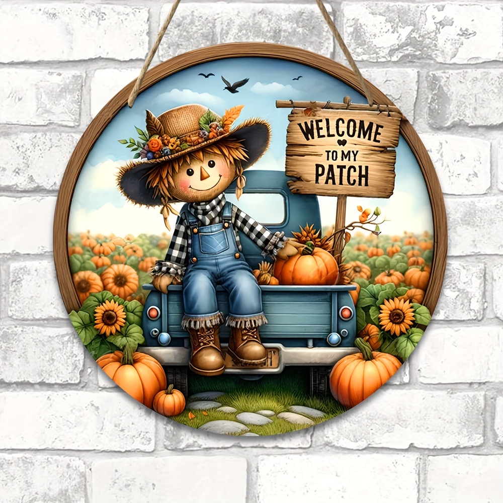 

Charming Welcome Sign - 7.9"x7.9" Round Wooden Fall Harvest & Garland Centerpiece For Door, Wall, Home, Porch, Garden Decor - Perfect For Autumn & Country Farmhouse Style