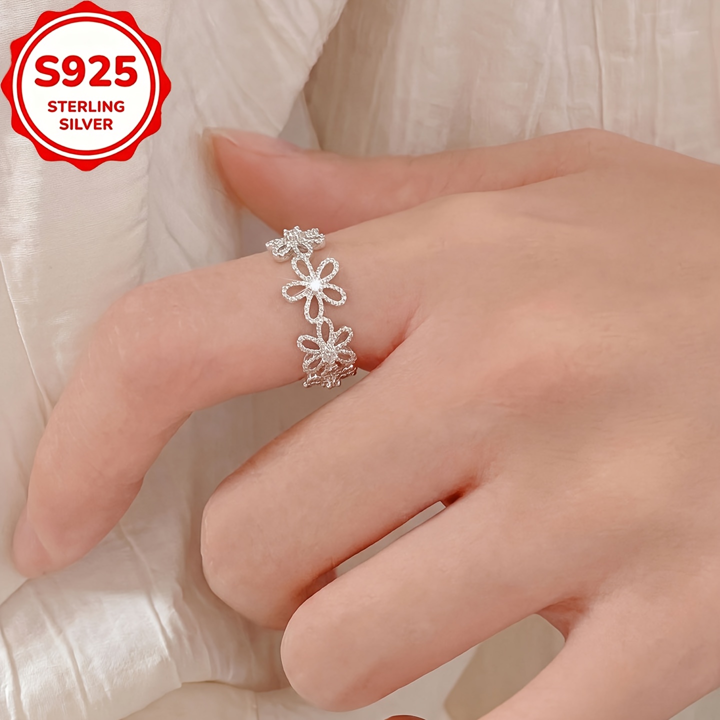 Women's S925 Silver Lace Flower Zirconia Ring, Elegant Gift