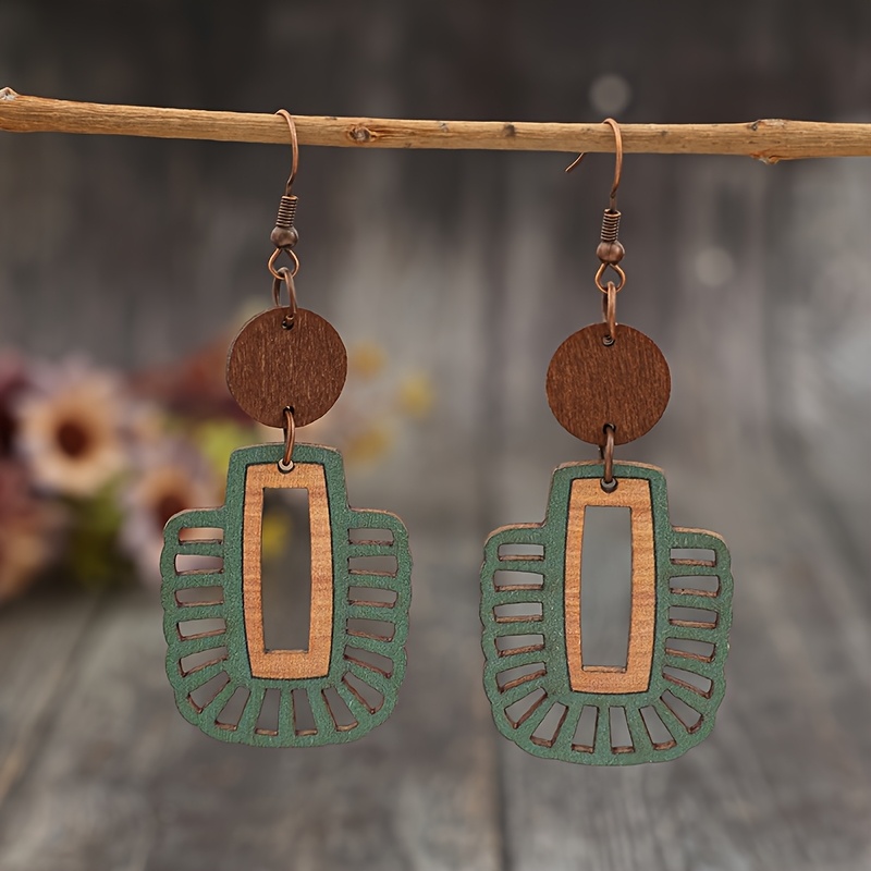 Image of Boho-chic Wooden Geometric Hollow Dangle Earrings - Vintage Ethnic Style, Mixed Colors