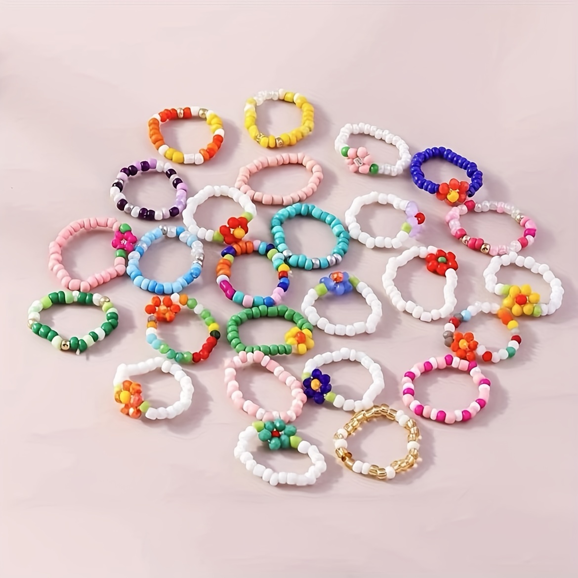Bohemian Beaded Rings & Floral Bracelets Set