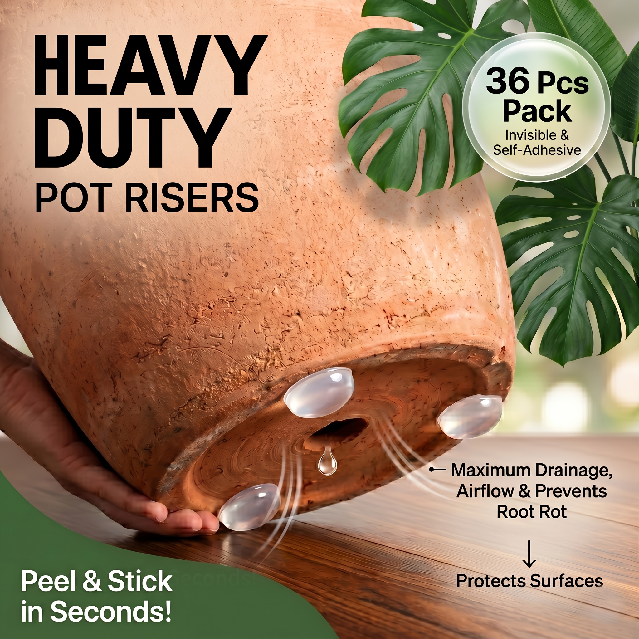 Image of 36pcs Pack Clear Self-adhesive Anti-slip Plant Risers Suitable For /outdoor Pots, Invisible Planter Feet Elevators With Drainage & Airflow, Multi- For, Balcony,, Shelf - Installation, No Residue