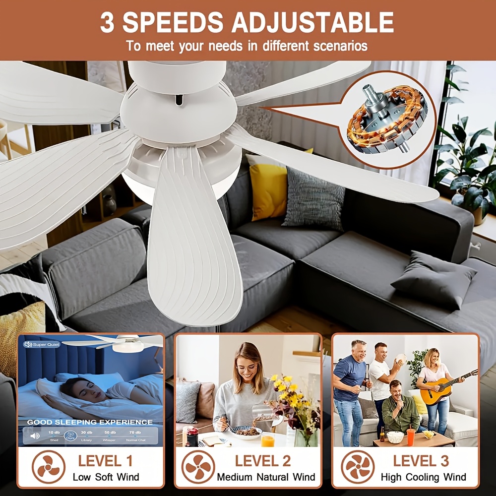 Ventilador de Techo con Luz y Control Remoto, Iluminación LED con Ventilador, 3 Velocidades de Flujo de Aire Silencioso y 3 Temperaturas de Color (3000K-4500K-6500K), Instalación Sin Herramientas + Temporizador, Ventilador de 6 Aspas E26/E27, Ideal para Dormitorio, Sala, Cocina, Garaje, Tiendas y