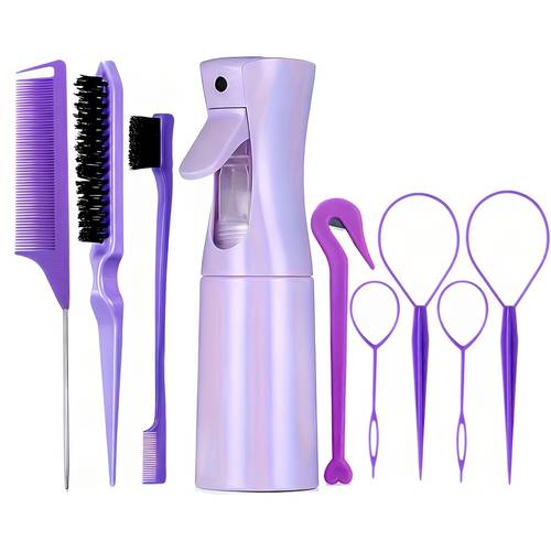 imagen del artículo set de 9 herramientas de peluquería | cepillo para realzar rizos, peine de de , aros para trenzar, cepillo para control de bordes y botella de spray - kit profesional para peinar el cabello normal