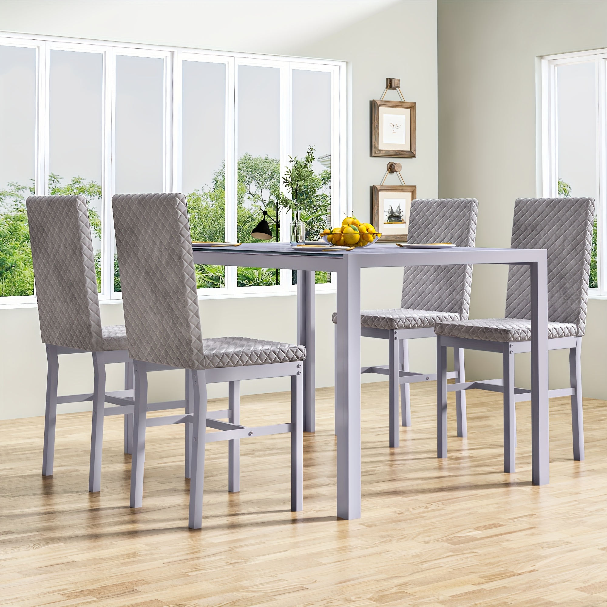 TEMU Modern Luxurious Style 5pcss Dining Room Table Set, 5pcs Dining Table Bar Table Set With Tempered Glass Tabletop, Metal Frame And Leather