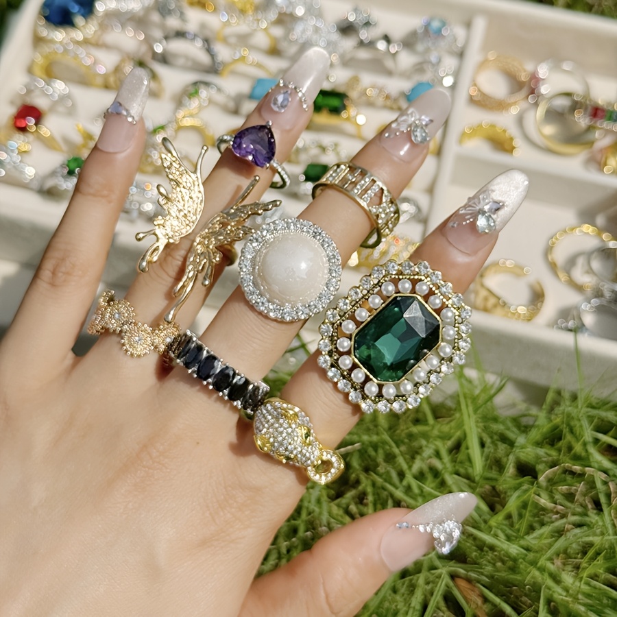 TEMU Random 10pcs Of Stainless Steel Stackable Rings With Colored Artificial Gemstones - Durable, Hypoallergenic, Adjustable, And Very Suitable For Ladies' Party Gifts, Casual Wear And As Presents