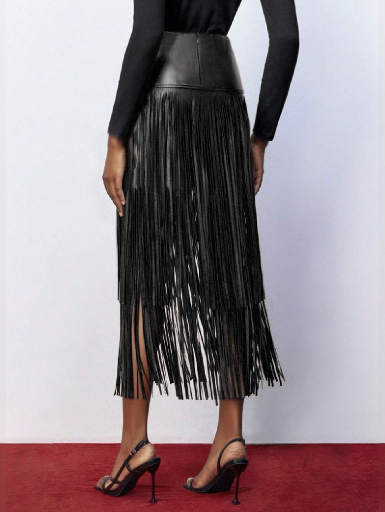 womens pu leather fringe maxi skirt back zipper elegant Temu New