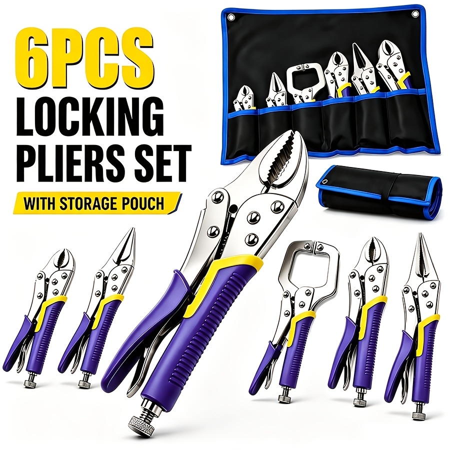6pcs Locking Pliers Kit, Long Nose, Curved Jaw And C-clamp Locking Clamps, Anti-slip Handle Lock Plier Set With Carry Pouch, Household Repair Hand Tools