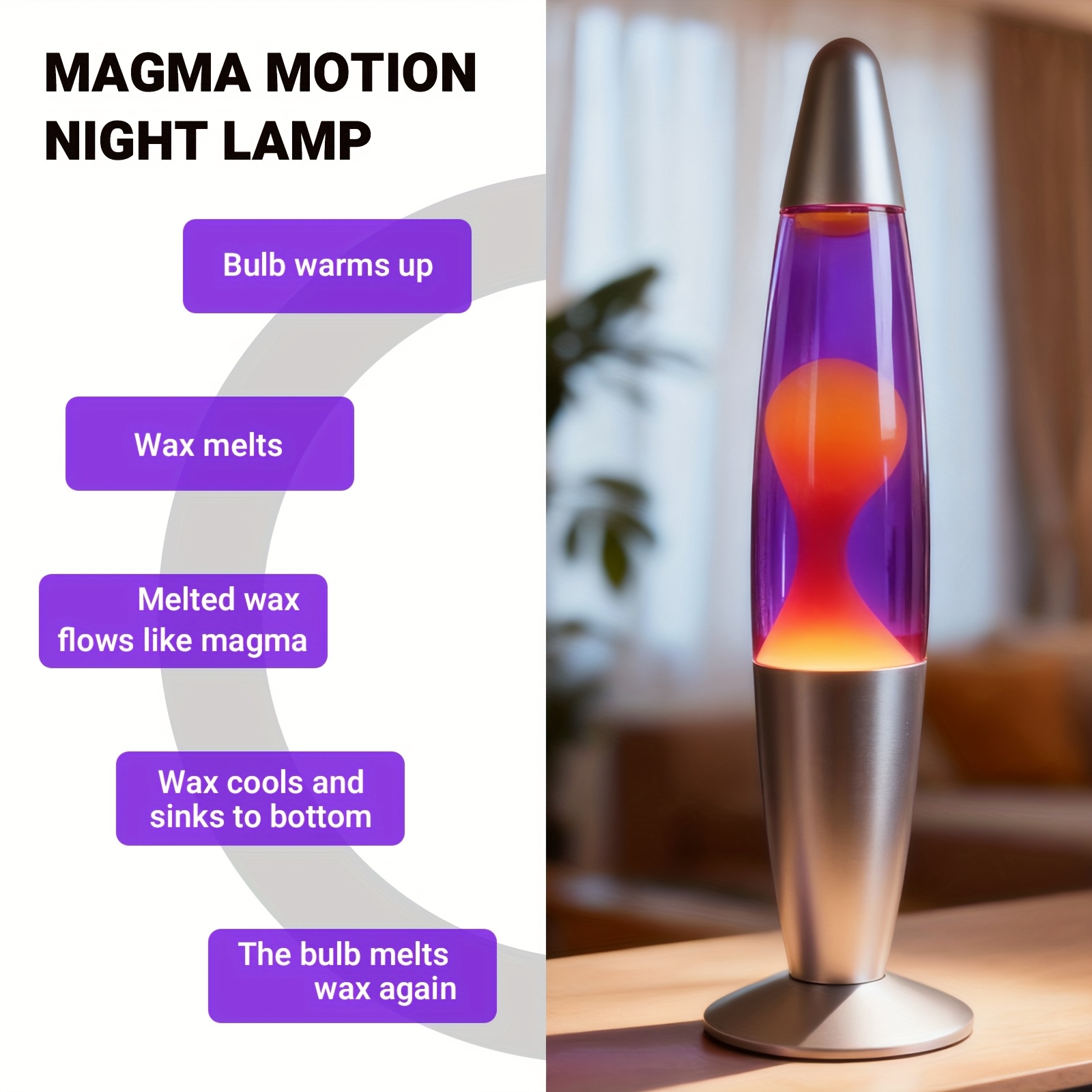 TEMU 16-inch Beautiful Lamp - Purple Water With Yellow Wax, Relaxing Liquid Lamp, Night Light, Home Decor For Living Room, Office, Bedroom Lighting