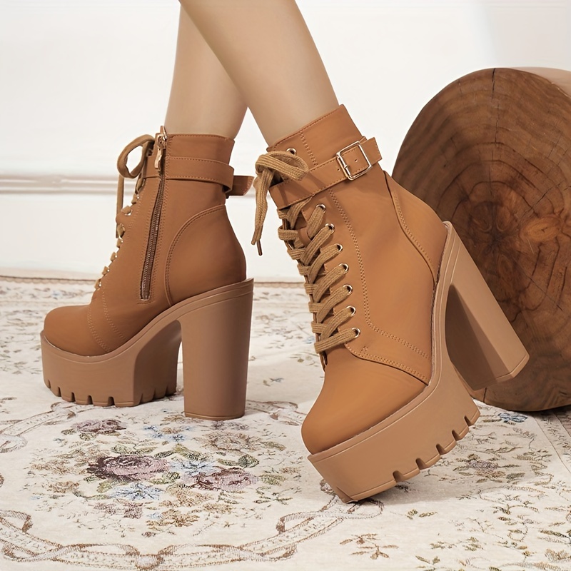 Women's Punk Style Platform Ankle Boots with Chunky Heel, Lace-Up Metal Buckle - Perfect for Parties & Casual Attire