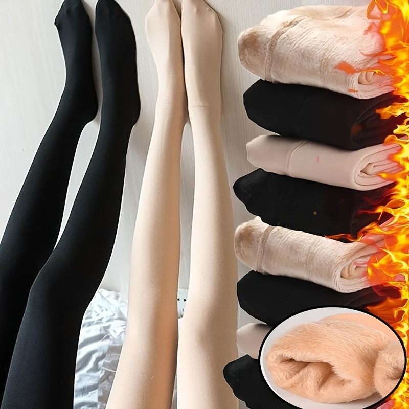 

1 Pair Women's Thermal Fleece-lined Tights - 80% Polyester 20% Spandex Knit Fabric, Solid Color, Seamless High-waist Leggings, Warm & Slimming Pantyhose, Hand Washable