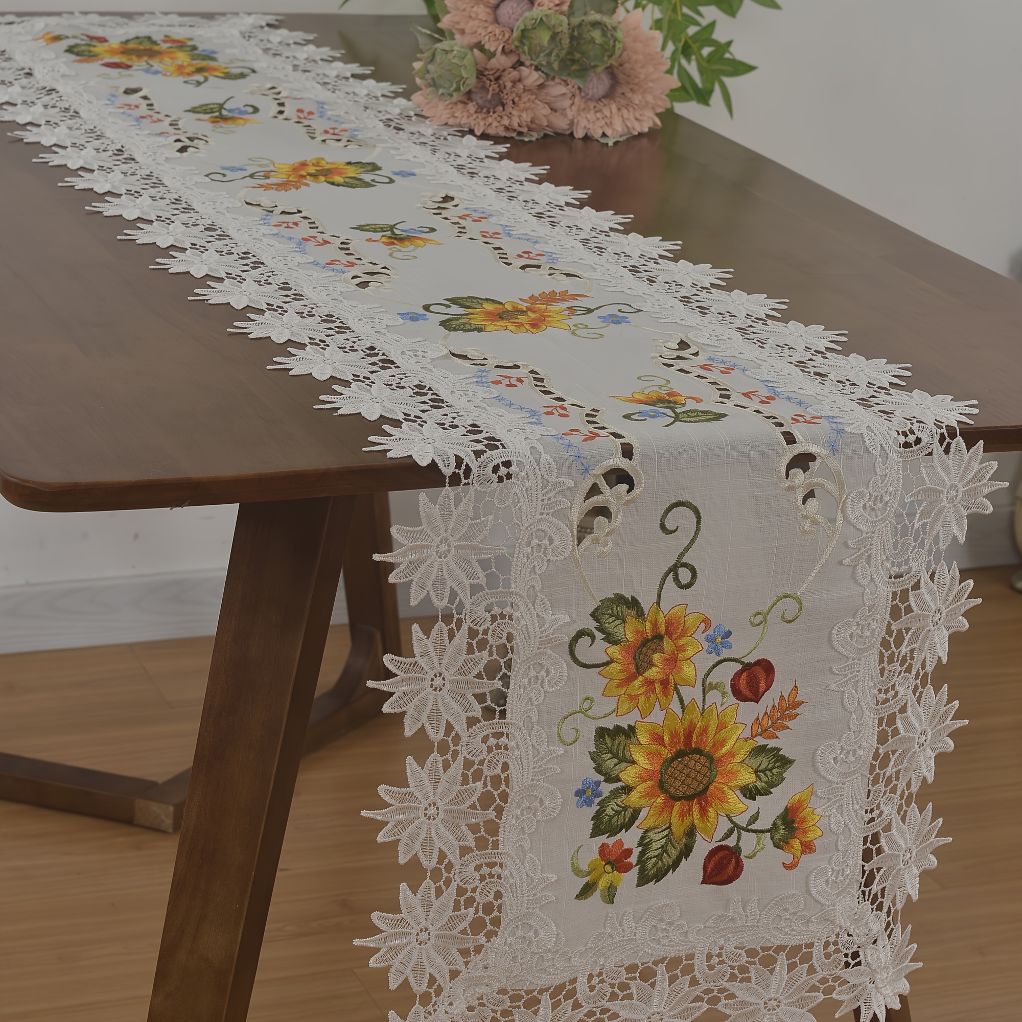 TEMU Embroidered Sunflower Polyester Table Runner With Lace Edging - Floral Pattern, Woven Rectangle Table Linen, Ideal For Home Decor, Celebrations, And Everyday Use - In Multiple Sizes (1pc)