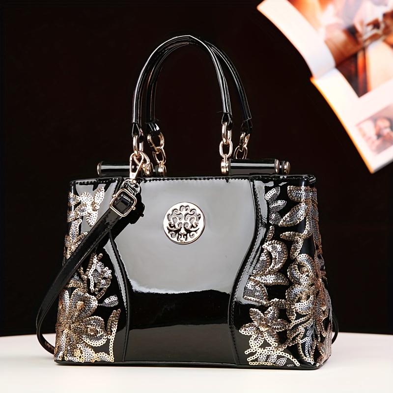 Fashionable Embroidered Versatile Handbag, Large Capacity Multi-compartment Glossy Tote Bag For Middle-aged Mothers