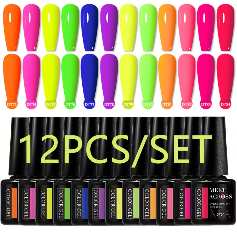 Image of 12pcs Fluorescent Gel Nail Polish Set, Neon Gel Polish Semi-permanent Nail Art Manicure Soak-off Led Gel Nail Varnish