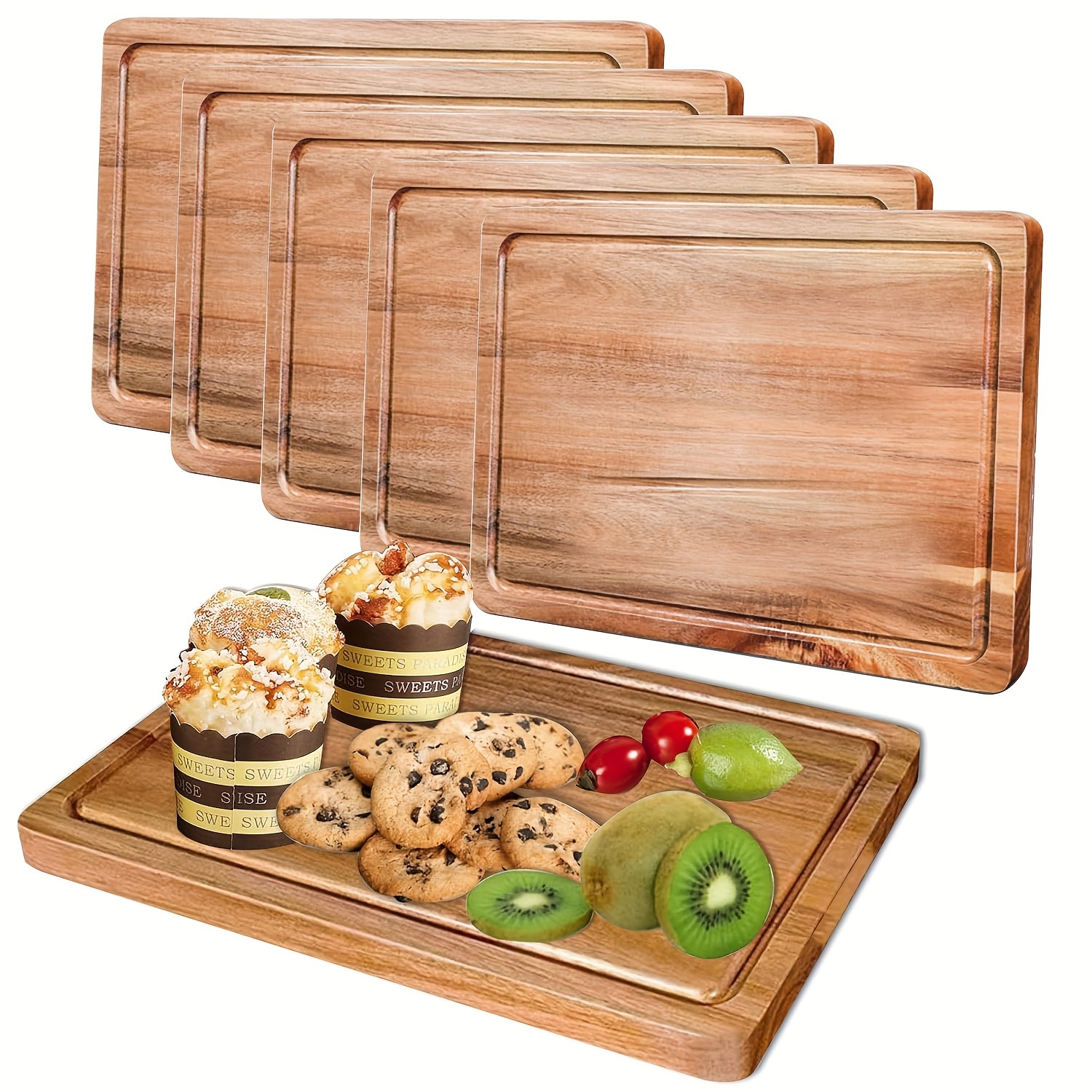 

6pcs Wood Cutting Board For Kitchen, 0.6" Butcher , Cheese Charcuterie Board, With Side Handles And Juice , 7.9x11.8