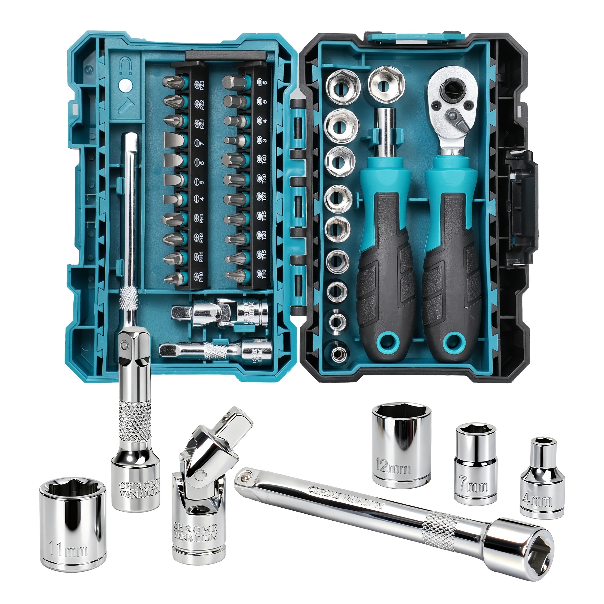 TEMU 37pcs 1/4" Drive Mini Ratchet & Socket Set With Bits, Magnetic Drive Handle, Extensions & Universal Joint, Metric 4-13mm Sockets In Compact