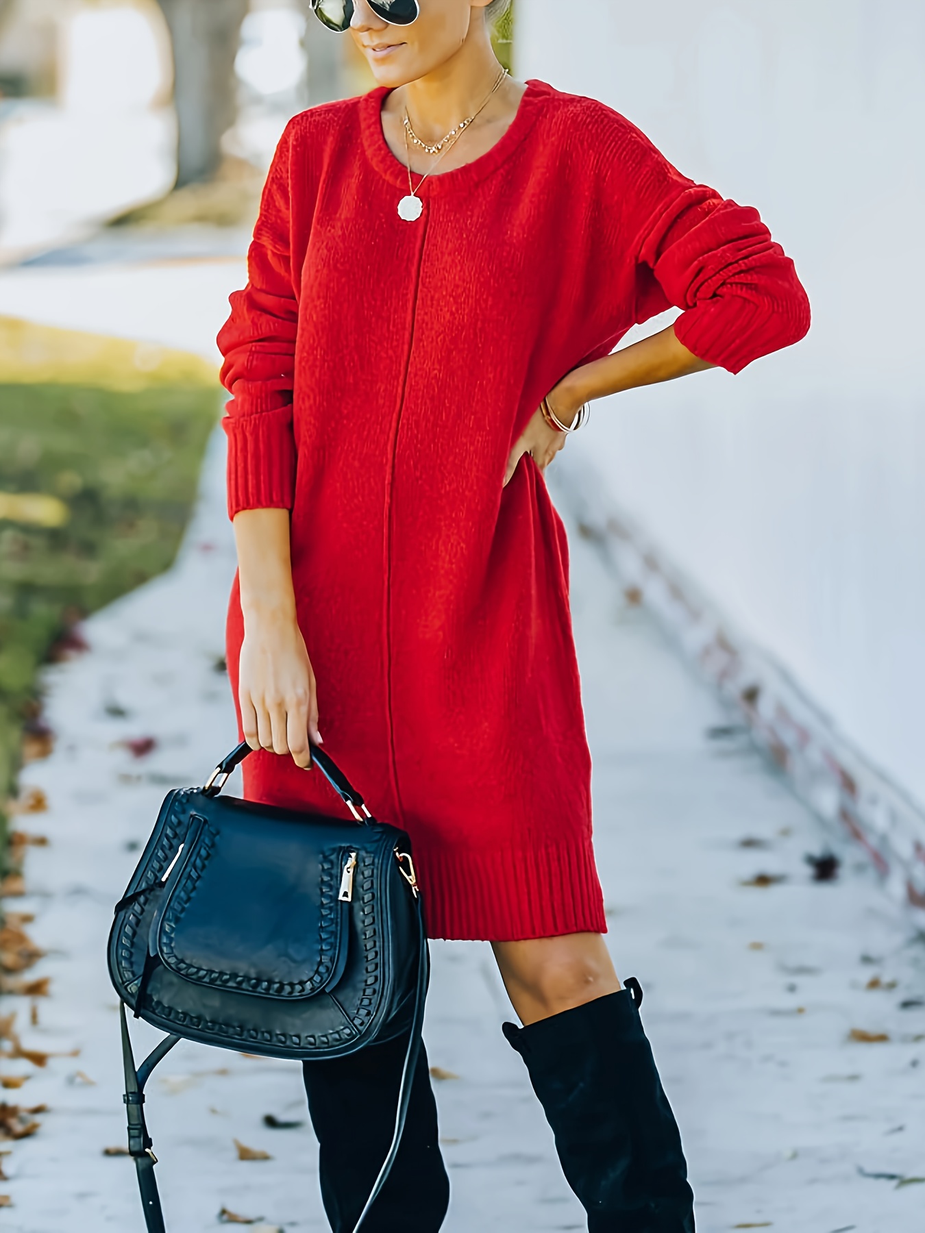 Plus Size Solid Drop Shoulder Sweater Dress, Elegant Long Sleeve Crew Neck  Split Dress For Spring Fall, Women's Plus Size Clothing