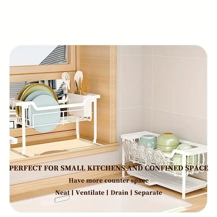1pc multifunctional convenient durable kitchen counter top sink bowl rack removable 2 tier bowl rack drain board with double layer bowl cup rack drain board board rack utensil rack Product details 3