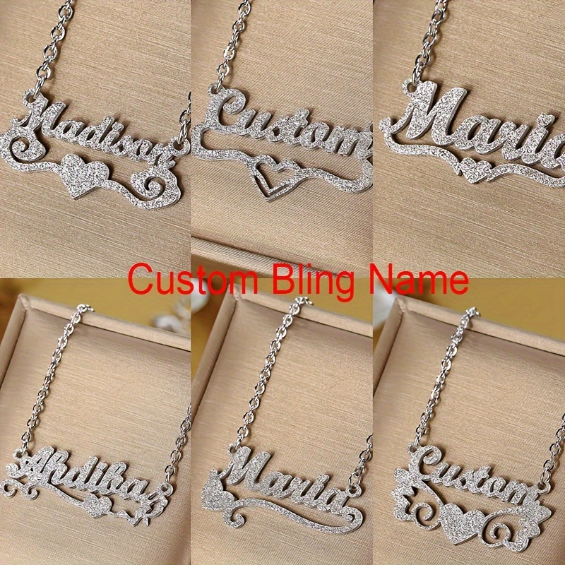 

Custom Bling Name Necklace With Heart - Glamorous Style Stainless Steel Pendant Necklace With Option For 1-12 Personalized Letters - Fashion Charm Jewelry For Birthday, Christmas Gift