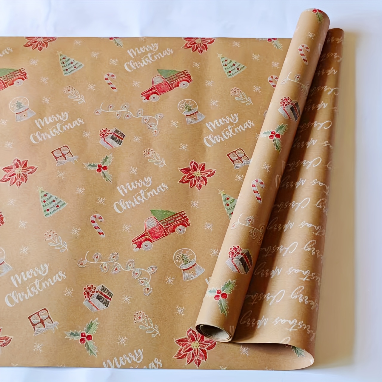 Image of Double-sided Christmas Wrapping Paper｜/light Brown Dual-tone, Front With Flower Bouquets·gift Boxes·bells, Reverse Full Of "merry Christmas", 118inch Roll