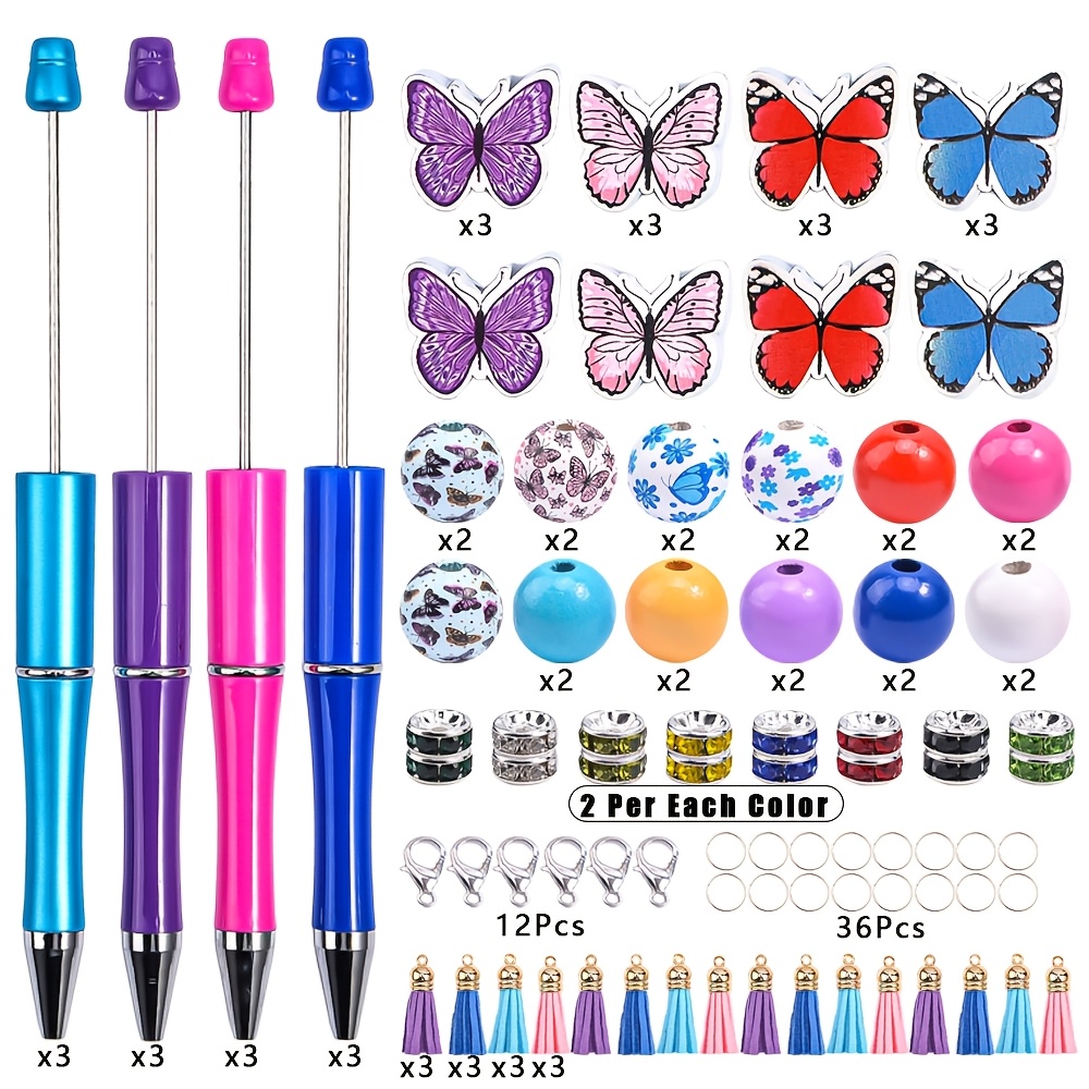 TEMU 12 Sets Of Colorful Wood Beads Tassel Pendant Beaded Pen Set, 1 Mm Round Beads Pen Making Set, Office And School Writing With Silicone Pendant,