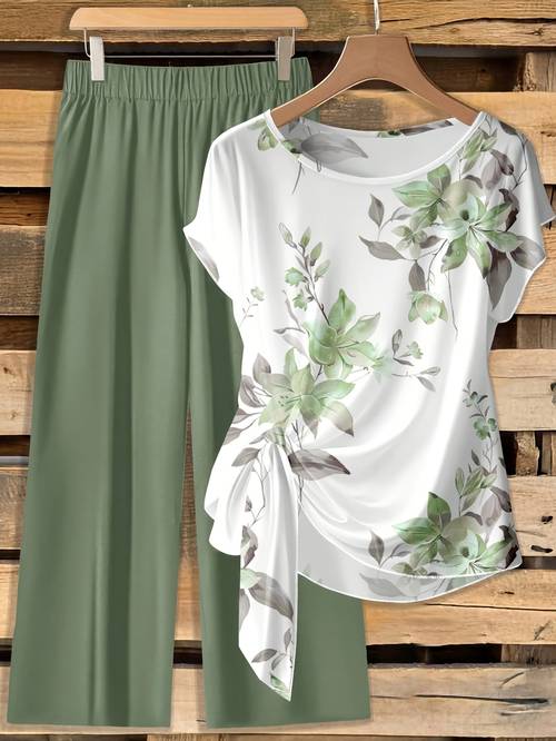 Artikelbild damen bluse mit schleife und lockere, gerade geschnittene hose, 2-teiliges set,