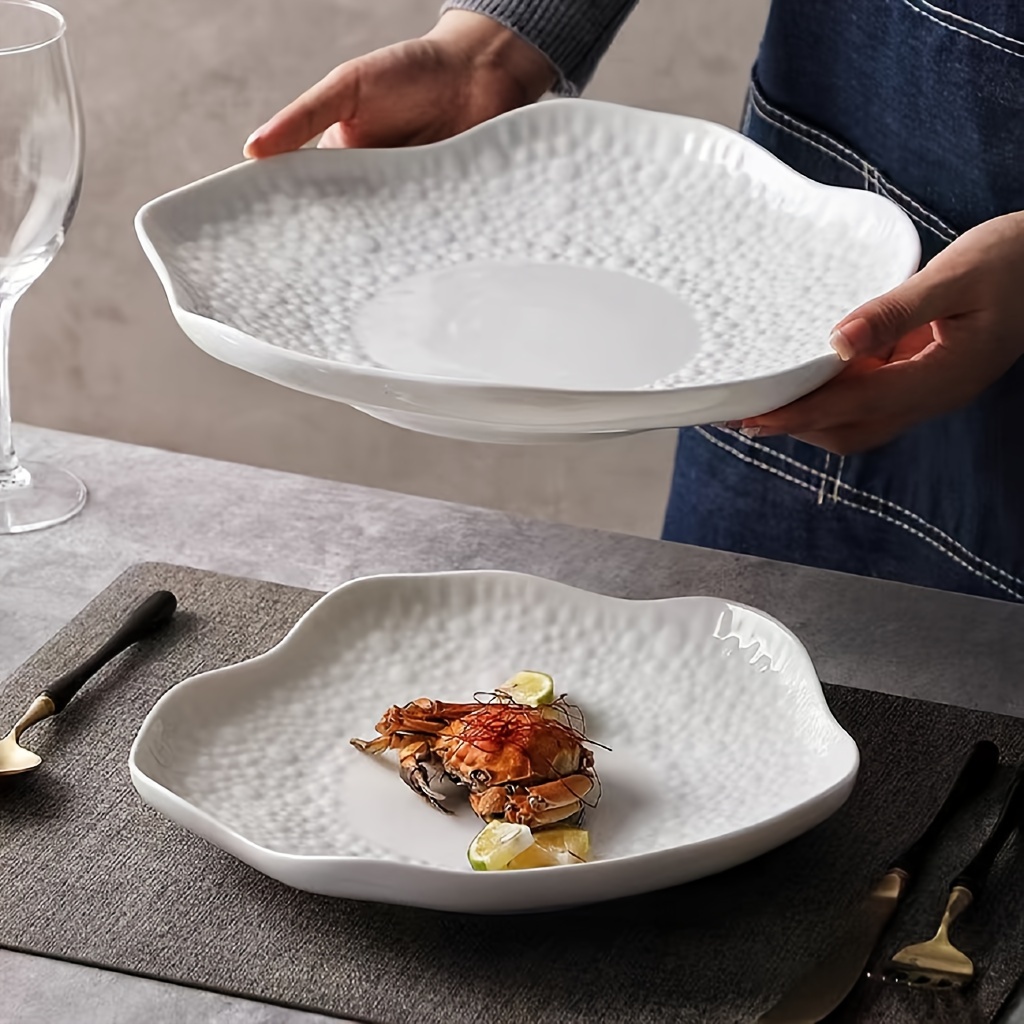 1pc Ceramic French-Style Fan Plate with Irregular Shape - Elegant Asymmetric Dish for Steak, Salads, Pasta, Desserts - for all types of cuisines (Modern for special occasion or Everyday Dining)
