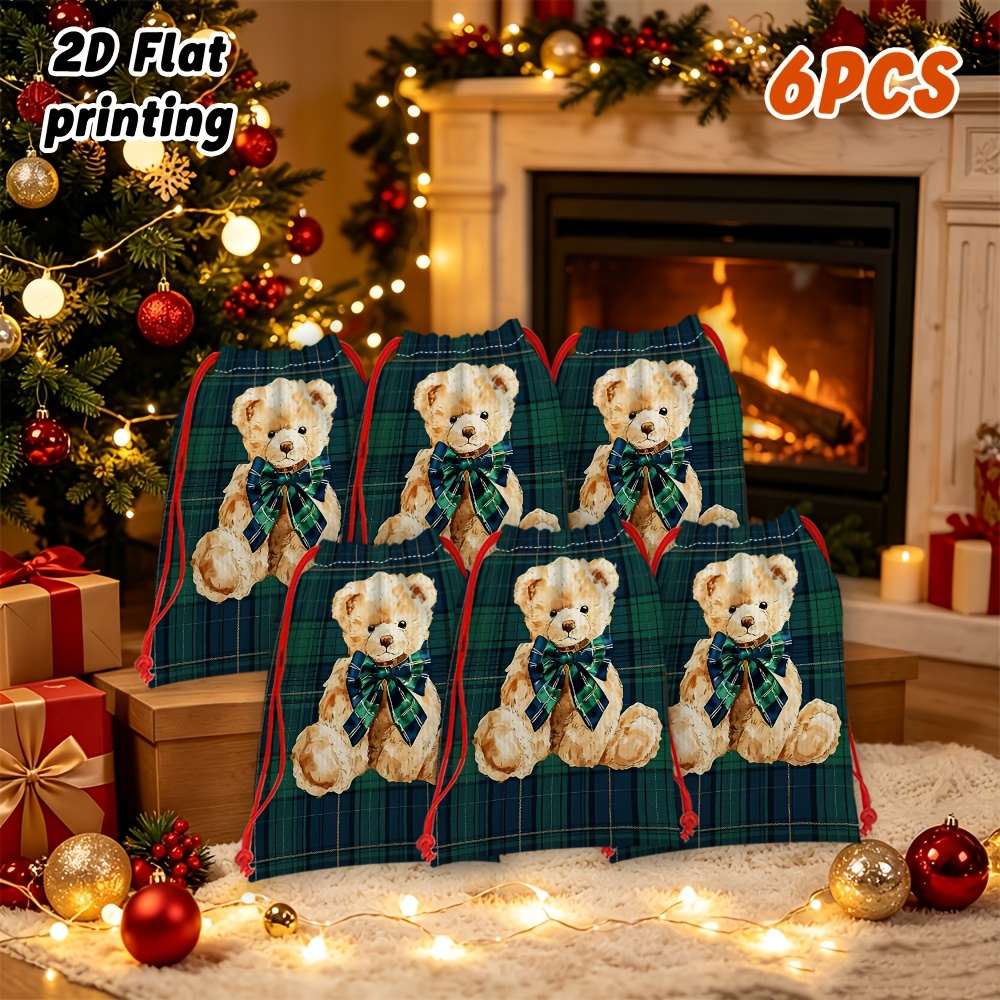TEMU 6 sacs cadeaux à cordon avec motif en peluche à nœud papillon à carreaux, sacs cadeaux de fête, tissu et , fermeture à cordon durable, ouverture