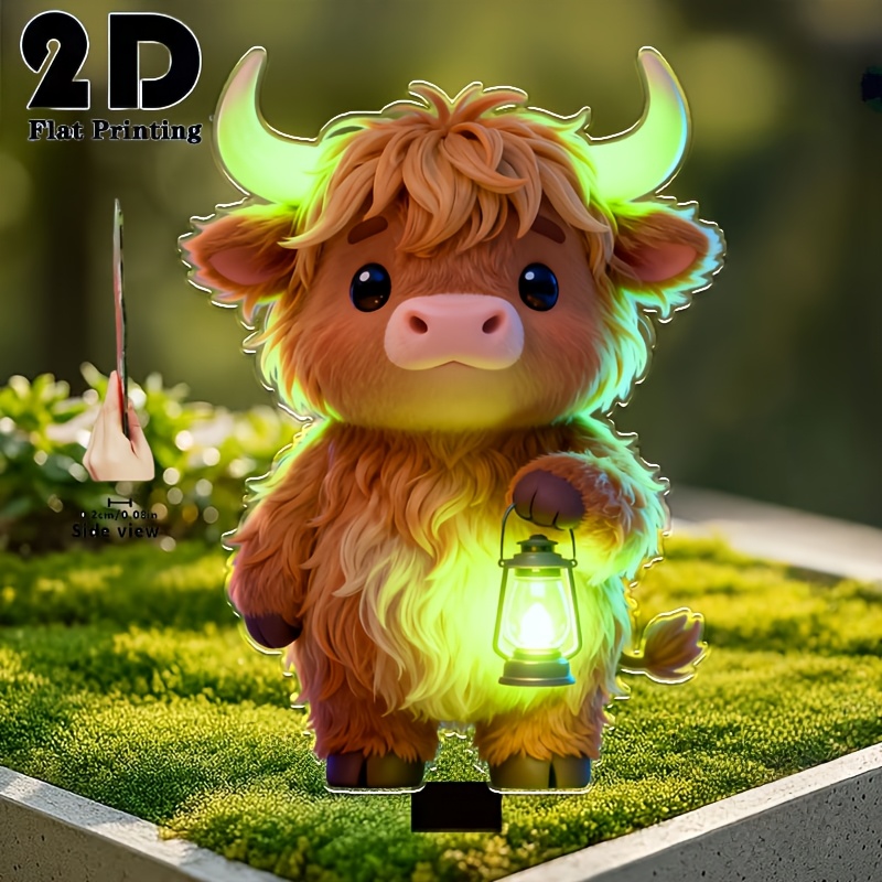 E-shop 2D Flach, [2D Flach] 2D Flach 1 niedliche Hochlandkuh Handlampe, leuchtende Gartendekoration mit Erdspieß, Außendekoration für Innenhof, Garten,