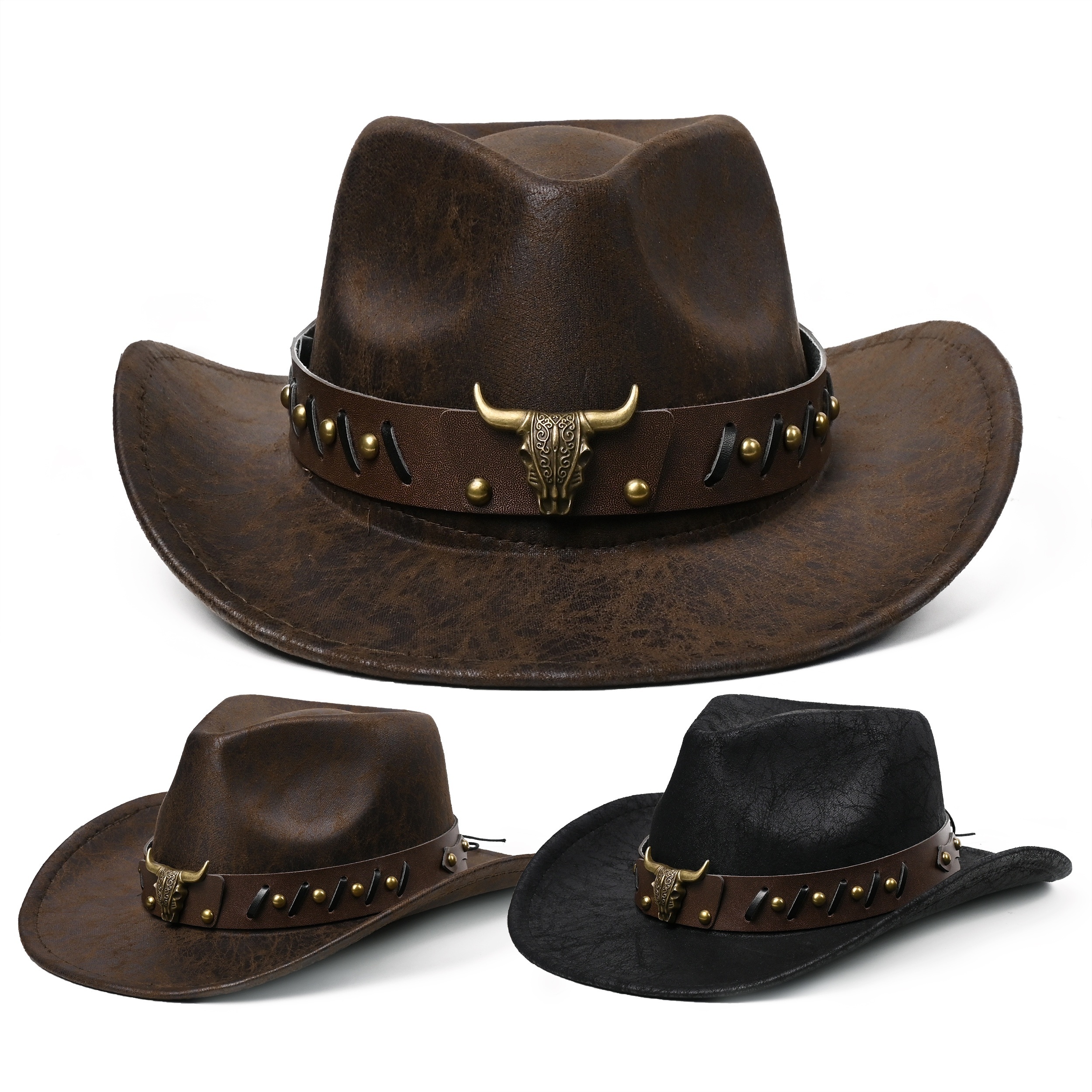 

Vintage Cowboy Hat With Bull Head Belt - Distressed Faux Leather Look, Wide Brim For Sun Protection & Beach Riding