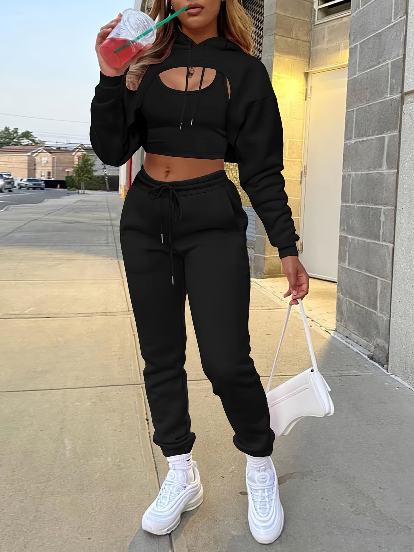 casual cut sweatpants set long sleeve crew neck drawstring Temu