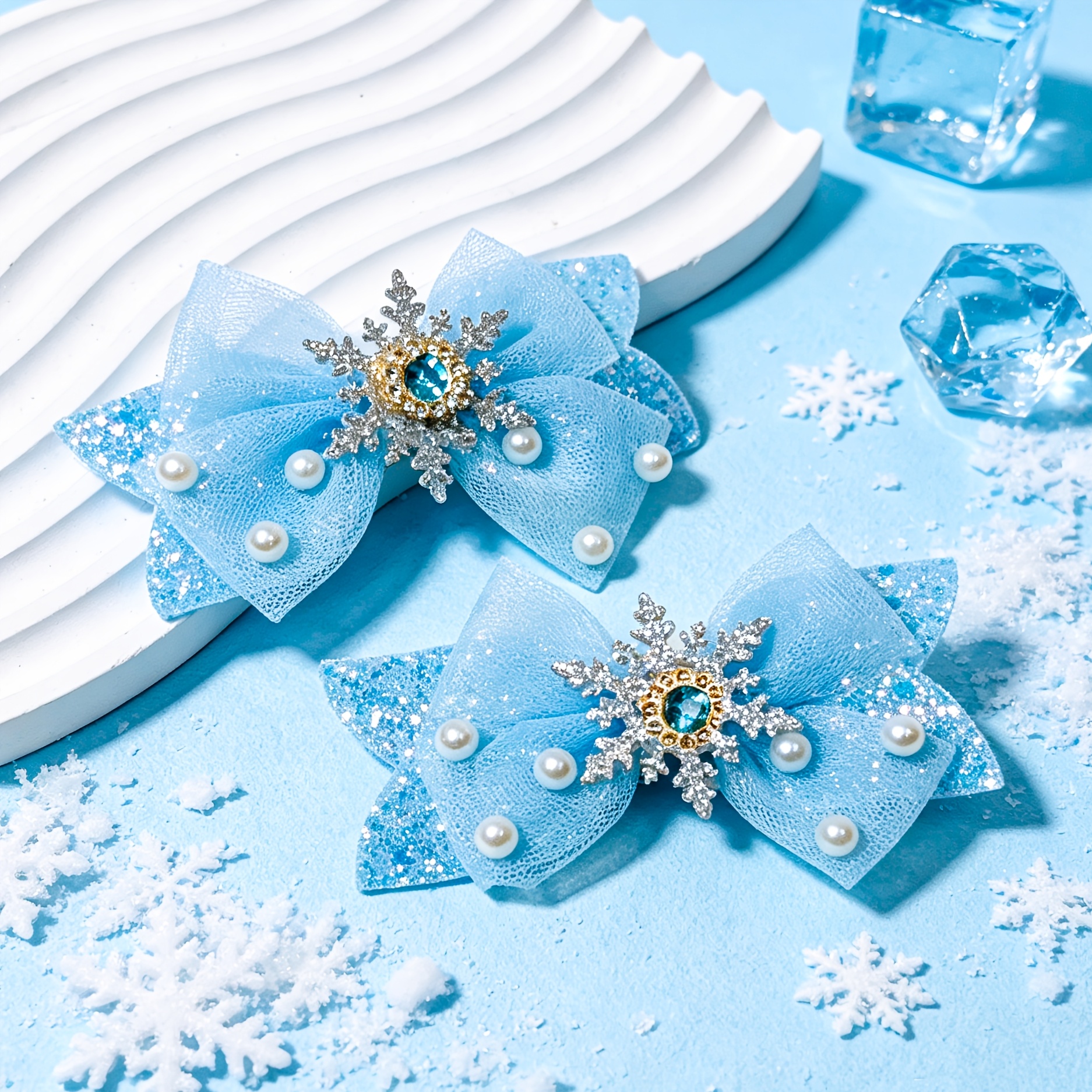 TEMU 2pcs And Rhinestone Bow Hair Clips, Exquisite Snowflake Rhinestone Princess Decorative Side Clips, Ice And Snow Themed Accessories, Party Prom