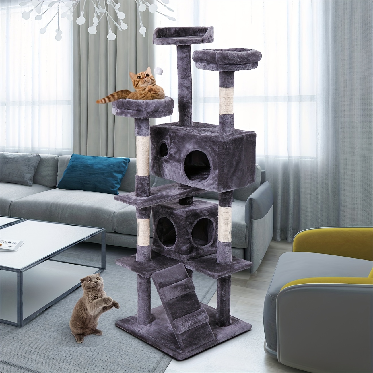 

Cat Tree Cat Tower With Scratching Ball, Plush Cushion, Ladder And Condos For Indoor Cats, Gray