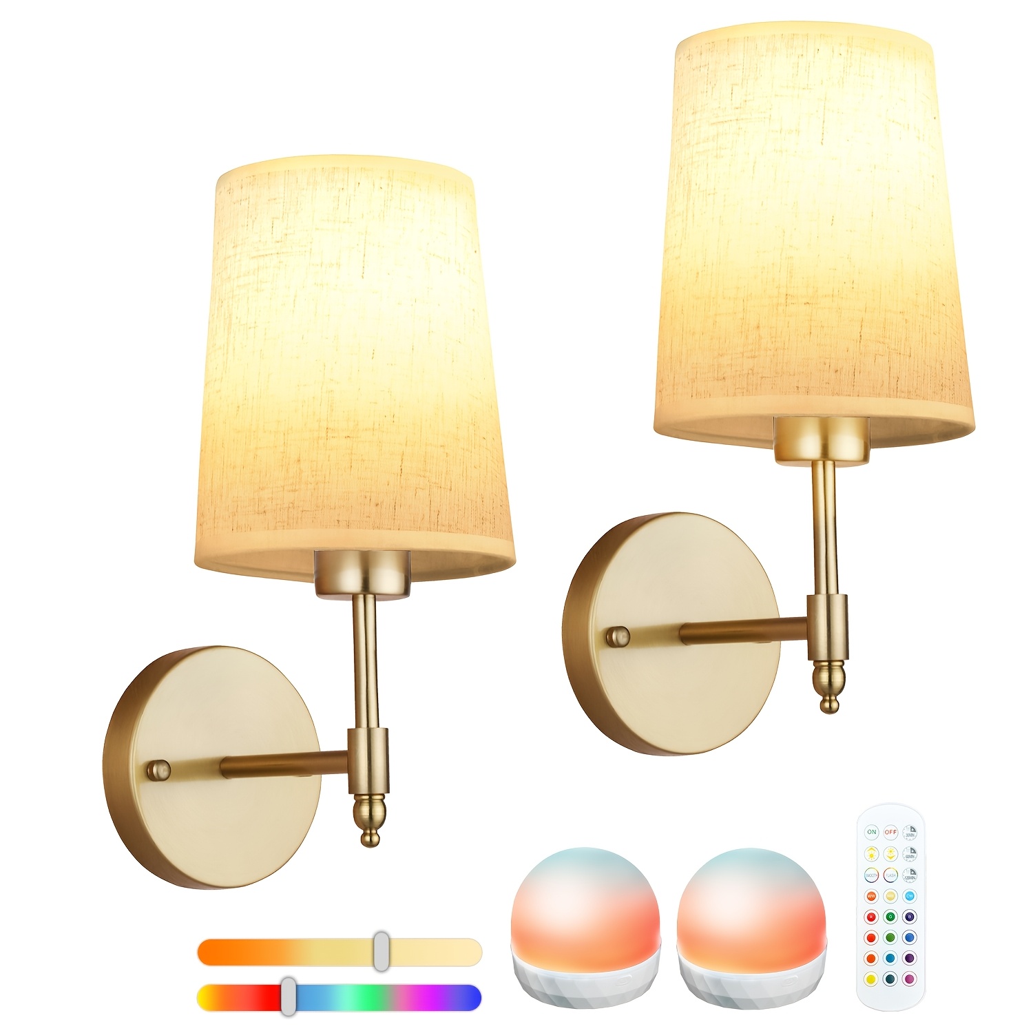 TEMU Battery Operated Wall Sconce Set Of 2, Black Wireless Rechargeable Wall Lamp, Fabric Shade Wall Lights With Dimmable Detachable 15 Rgb Light